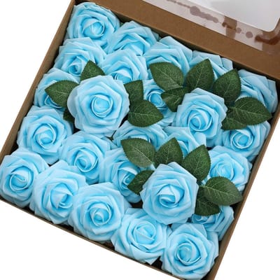 Kunstbloemen Rozen - Schuim Rozen - Decoratie Maken - Flexibele Draadsteel - 25 Stuks - Lichtblauw