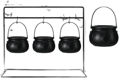 Halloweendecoraties - Snoepkommen - Set van 3 heksenketels - Zwarte kunststof standaard - Mini snoepkommen - Verwijderbaar - Inclusief haak en standaard - Feestdecoraties voor binnen en buiten