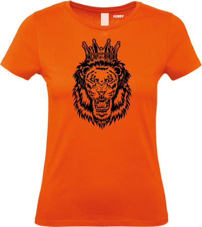 Dames T-shirt Leeuw Met Kroon Zwart | Koningsdag kleding | oranje shirt | Oranje dames | maat XS