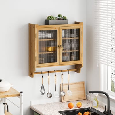 DESMIU Wandkast - Vintage Opbergkast Met Glazen Deuren En Handdoekstang - Voor Badkamer En Keuken - Massief Hout En MDF - 63x60x18 Cm - Naturel
