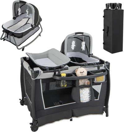 4-in-1 Opvouwbaar Babybed en Reiswieg met Matras, Aankleedkussen en Muziekdoos