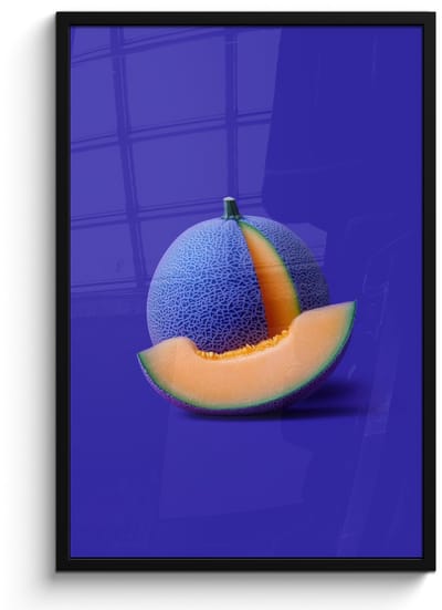 Poster in lijst - Fotolijst 60x90 cm - Posters - Meloen - Blauw - Oranje - Kunstzinnig - Posterlijst zwart - Decoratie - Wanddecoratie woonkamer - Muurdecoratie slaapkamer