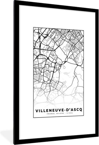 Fotolijst incl. Poster Zwart Wit- Kaart - Stadskaart - Frankrijk - Villeneuve-D'Ascq - Plattegrond - Zwart wit - 80x120 cm - Posterlijst
