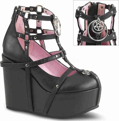 Poison-25-1 nep leren plateau sandaal enkellaars met sleehak, bandjes en metalen pentagram detail zwart - (EU 37 = US 7) - Demonia
