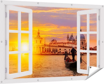 Gards Tuinposter Doorkijk Gondel in Venetië voor het Basiliek - 150x100 cm - Tuindoek - Tuindecoratie - Wanddecoratie buiten - Tuinschilderij