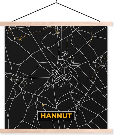Posterhanger incl. Poster 40x40 cm - Schoolplaat - Hannut - Stadskaart - Plattegrond - Goud - Kaart - Textielposter - Blanke latten - Stadskaart