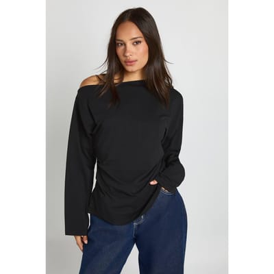 boohoo Dames Schouderloos T-shirt met getailleerde taille | Zwart | Maat: 38