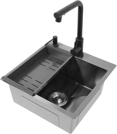 Enkele roestvrijstalen spoelbak 45 x 45 x 18 cm met uittrekbare kraan en afdruipmand voor keuken en horeca, ideaal voor huishoudens en wasserijen