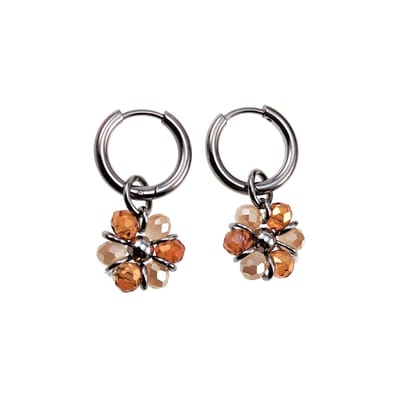 ∅14mm x 2mm Oorringen Dames - Gepolijst RVS - Oorbellen met Beige-Bruine Gefacetteerde Kristallen Bloem Hanger - Bungelende