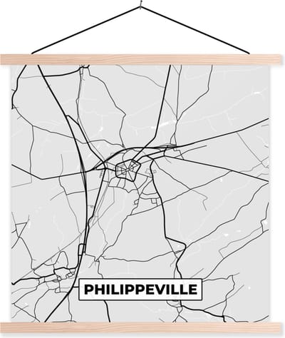 Posterhanger incl. Poster 40x40 cm - Schoolplaat - Plattegrond – Philippeville – Zwart Wit – Stadskaart - Kaart - Textielposter - Blanke latten - Stadskaart