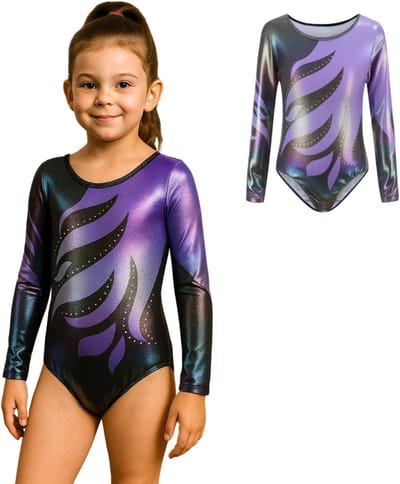 Joya Kids® Turnpakje Meisjes met Lange Mouwen | Zwart met Paars met Glitters en Strass Steentjes Ballet pakje | Gymnastiekpakje | Turnen | Turn Pakje | Maat 100