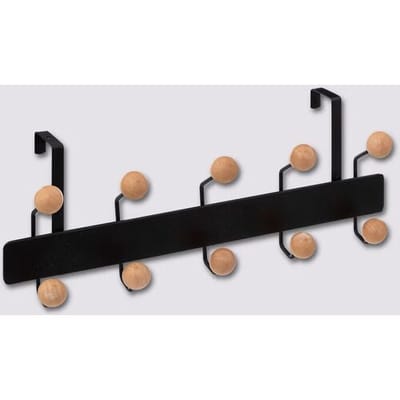 5Five Deur ophang kapstok - met 10 ophanghaken/knoppen - zwart/beige - B44 x H17 cm - metaal/hout
