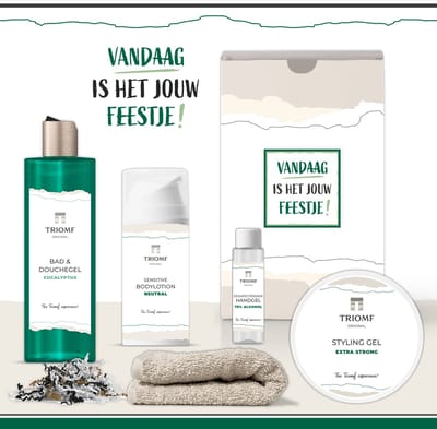 Geschenkset “Vandaag is het jouw feestje!” - 5 producten - 700 gram - Triomf Cosmetica | Giftset voor hem Cadeau Speciaal voor jou Luxe wellness cadeaubox Douchegel Eucalyptus Cadeaupakket Man Geschenk Gift Set Verjaardag Pakket Groen