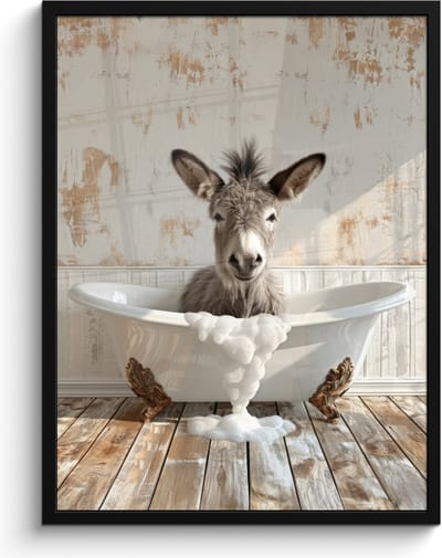 Poster in lijst - Fotolijst 60x80 cm - Posters - Ezel - Dieren - Badkuip - Schuim - Posterlijst zwart - Wanddecoratie badkamer - Muurdecoratie WC - Decoratieve accessoires - Toilet muur decoratie
