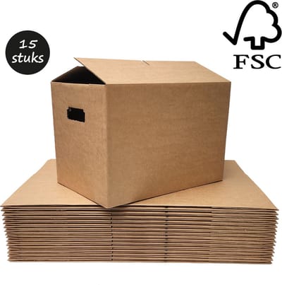 Verhuisdozen - 15 stuks - verhuisdoos - 50 liter - opbergbox - FSC® Keurmerk - stevige handvaten - autolock - geen tape nodig - duurzaam