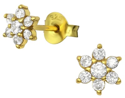 Joy|S - Zilveren classic bloem oorbellen - 6.5 mm - zirkonia - gold plated