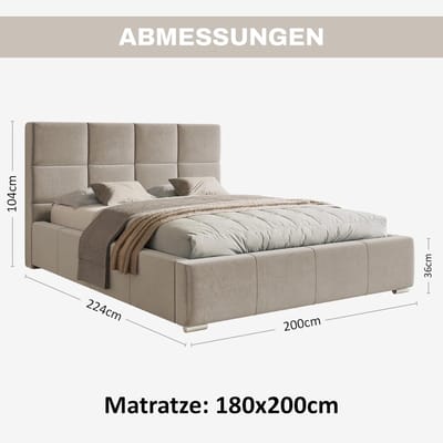 Gestoffeerd bed 180x200 cm met opbergruimte – luxe fluwelen velvet bed beige/crème met hydraulische bedlade, hoofdeinde 104 cm, lattenbodem, houten frame, modern design – HomeByNicole Luna Comfort Bed