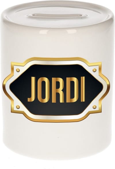 Spaarpot met voornaam Jordi - wit - met goud/zwart embleem - 8 x 9 cm - keramiek - met afsluitdop - cadeau verjaardag
