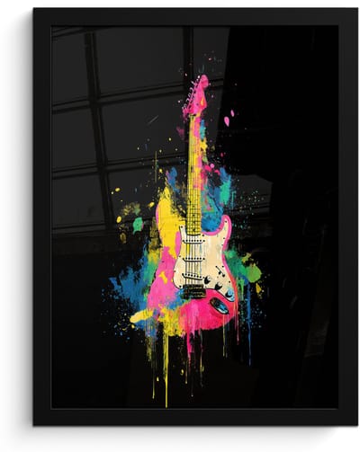 Poster in lijst - Fotolijst 30x40 cm - Posters - Gitaar - Kleurrijk - Verf - Posterlijst zwart - Decoratie - Wanddecoratie woonkamer - Muurdecoratie slaapkamer