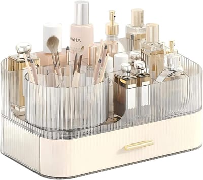 Grote Capaciteit Make-up Organizer met Lades en Draaiende Borstelhouder, Ideaal voor Badkamer en Cosmeticaopslag, Perfect voor Make-up Organisatie en Ruimtebesparing