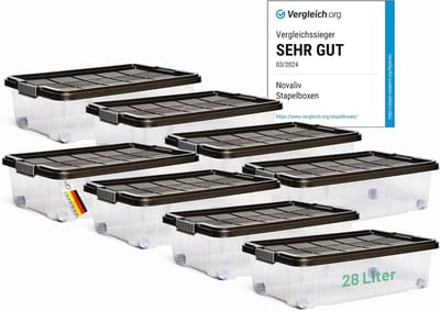Novaliv 8x Onderbed Ladekast met Wielen 28L Opbergdoos Deksel Antraciet Nestbaar Stapelbaar met Clipsluiting Rolbox BPA-vrij 61x40x17 cm