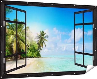 Gards Tuinposter Doorkijk Tropisch Strand bij de Licht Blauwe Zee - 180x120 cm - Tuindoek - Tuindecoratie - Wanddecoratie buiten - Tuinschilderij