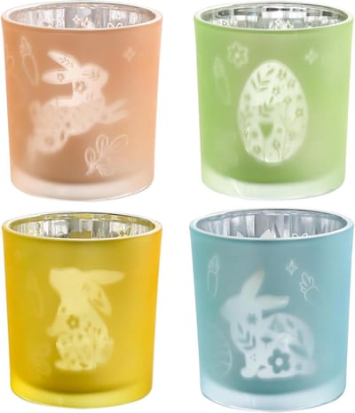 Paas Kaarsenhouders - Theelichthouders Set - Feestelijke Decoratie - Matglas & Gegraveerd - 7cm Hoog - Pastel Kleuren