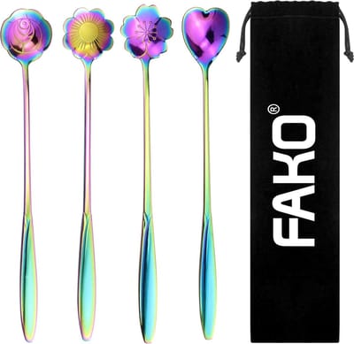 Fako Bijoux® - 4 Lange Lepels Bloem Motief - Latte Macchiato - Longdrink - Cocktail - Dessert - IJs - Koffie - Regenboog - 4 Stuks - Bewaarzakje
