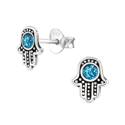 WeLoveSilver - zilveren oorstekers dames - hamsa met aqua glitters