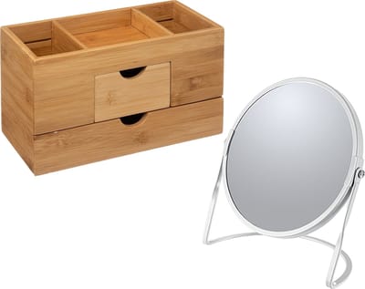 5Five Make-up organizer en spiegel set - lades/vakjes - bamboe/metaal - 5x zoom spiegel - wit/bruin