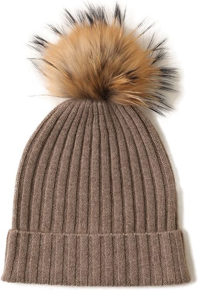 Hommard Cashmere Rib Stitch Beanie met PomPom, 100% Cashmere, Kasjmier, Luxe, heren, dames, unisex, Camel