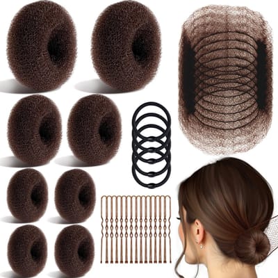 Haaraccessoires set - Haarklemmen - Haarelastiekjes / Scrunchie -63-delige set cafébruin 100g (2 groot + 2 medium + 4 klein + 10 haarnetjes + 40 U-haarklemmen + 5 balletjes) -Geschikt voor kort en fijn haar.