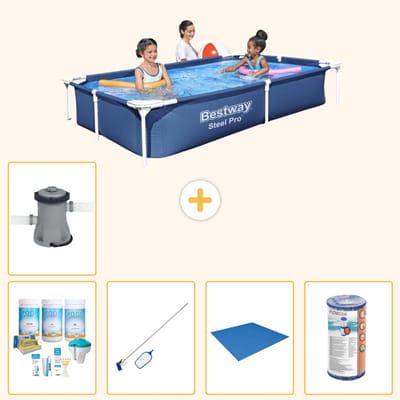 Bestway Rechthoekig Steel Pro Zwembad - 221 x 150 x 43 cm - Blauw - Inclusief Onderhoudspakket - Schoonmaakset - Grondzeil - Filter - Zwembadfilterpomp - 6-delig