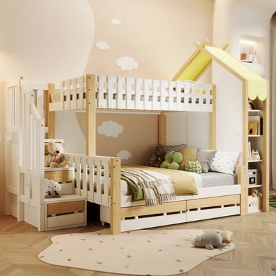 Stapelbed - 90x200 en 140x200 cm - Huisbed met Hekwerk - Opbergtrap en 2 Lades - Wit en Natuur