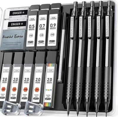 PromoHome Complete Metalen Vulpotloden Set - 5 Professionele Tekenen Potloden met 420 Stiften (0.5mm, 0.7mm, 0.9mm, 2.0mm) - Inclusief Gum, Puntenslijper en Kneedgom - Zwart