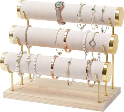 T-Shaped Armbandhouder van Hout, Afneembare Sieradenhouder, Velvet Armbandstandaard voor Horloges en Haarclips, Beige