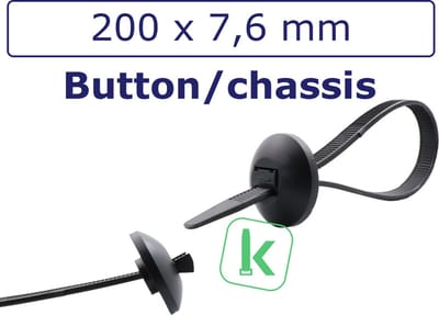 PRO-TIE® - Tyraps, kabelbinders met Ronde Sluitkop, Chassis Tie / Button Head 200 x 7,6 mm Zwart UV-Bestendig (Zak 100 stuks) (tiewrap/tyrap/tie-wrap/bundelbandje/colsonbandje/)