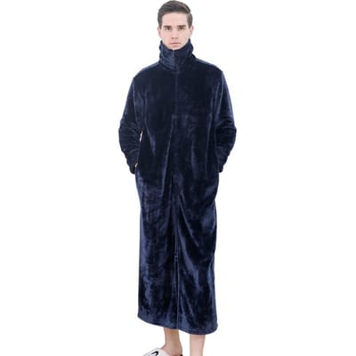 Dames Ultra Lange Plus Size Dikke Warme Badjas Geliefden Winter Thermische Flanel Badjas Heren Badjassen Zwanger Rits Kamerjas M blue