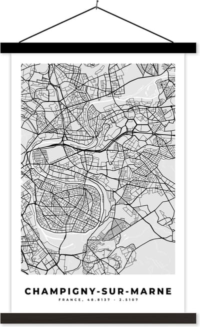 Posterhanger incl. Poster 40x60 cm - Schoolplaat - Champigny-sur-Marne - Plattegrond - Frankrijk - Kaart - Stadskaart - Textielposter - Zwarte latten - Stadskaart