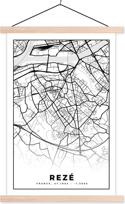 Posterhanger incl. Poster 40x60 cm - Schoolplaat - Rezé - Stadskaart - Plattegrond - Kaart - Frankrijk - Zwart wit - Textielposter - Blanke latten - Stadskaart