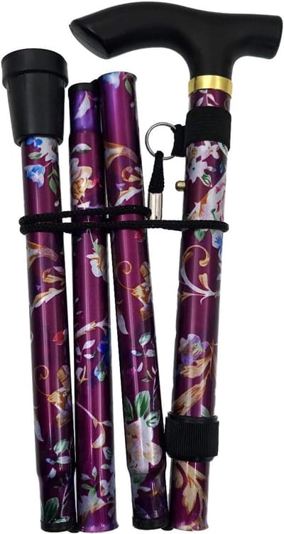 Opvouwbare wandelstok - Verstelbare stok - Ondersteuning bij lopen - Antislip rubberen punt - 82-92 cm - Paars met bloemen
