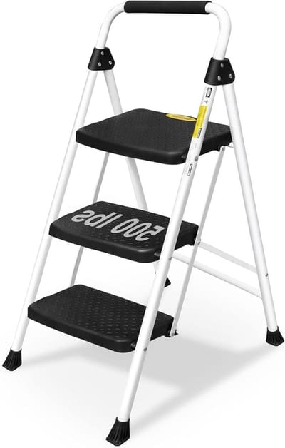 3-Traps Ladder - Opvouwbare Keukenladder - Huishoudelijke Klusjes Uitvoeren - Met Veiligheidshandvat - 220 lbs Capaciteit - Wit