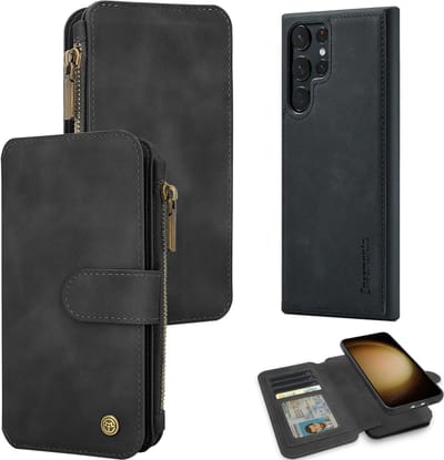 Casemania Hoesje Geschikt voor Samsung Galaxy S25 Ultra - Charcoal Gray - 2 in 1 Magnetic Book Case met Rits