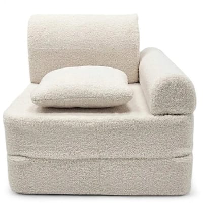 Modulaire Kinderbank Bouclé Lichtbeige – Uitklapbare Speelsofa voor Kinderen – Slaapbank, Lounger en Speelmatras van Zacht Schuim