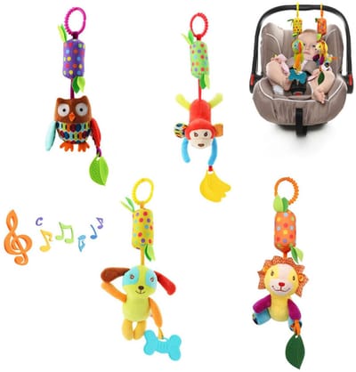 4 Stuks - Hangspeeltje - Kinderwagen speeltje - Wagenspanner - Rammelaar - Windgong - Baby Boxmobiel - Mobiel Dieren - Baby speelgoed - Knuffeldier - Muziekhanger Baby - Decoratie voor boven Bed, Box, Babykamer Accessoire - Baby cadeau - Stijl B