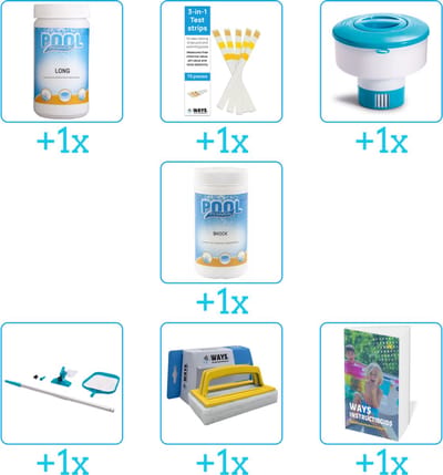 Zwembad Onderhoudspakket - Onderhoud Zwembad - bevat Chloor - Testrips - Chloordrijver - Chloor - Schoonmaakset - Scrubborstel en Zwembadgids (7-delig)