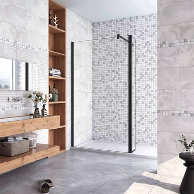 30x200cm zwarte inloopdouche + 30x200cm draaibaar hoekprofiel + F-vorm 90cm Stabilisatiestang 8mm EasyClean veiligheidsglas douchepartitie