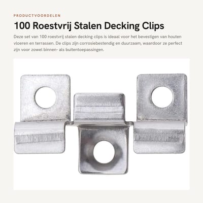 Dailygoods- Decking Clips 100 Stuks - Roestvrij Staal - Corrosiebestendig - Spacer Bevestiger - Zelftappende Schroeven - Geschikt voor Houten Vloeren - Terrasclips