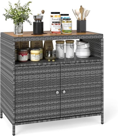 KOMFOTTEU Tuinkast rotan, opbergkast met breed acaciahouten oppervlak, keukenkast voor keuken, tuin, terras en patio, 90 x 53 x 86 cm