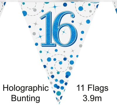 Oaktree - Vlaggenlijn Happy 16 Birthday Blue Holographic (4 meter)